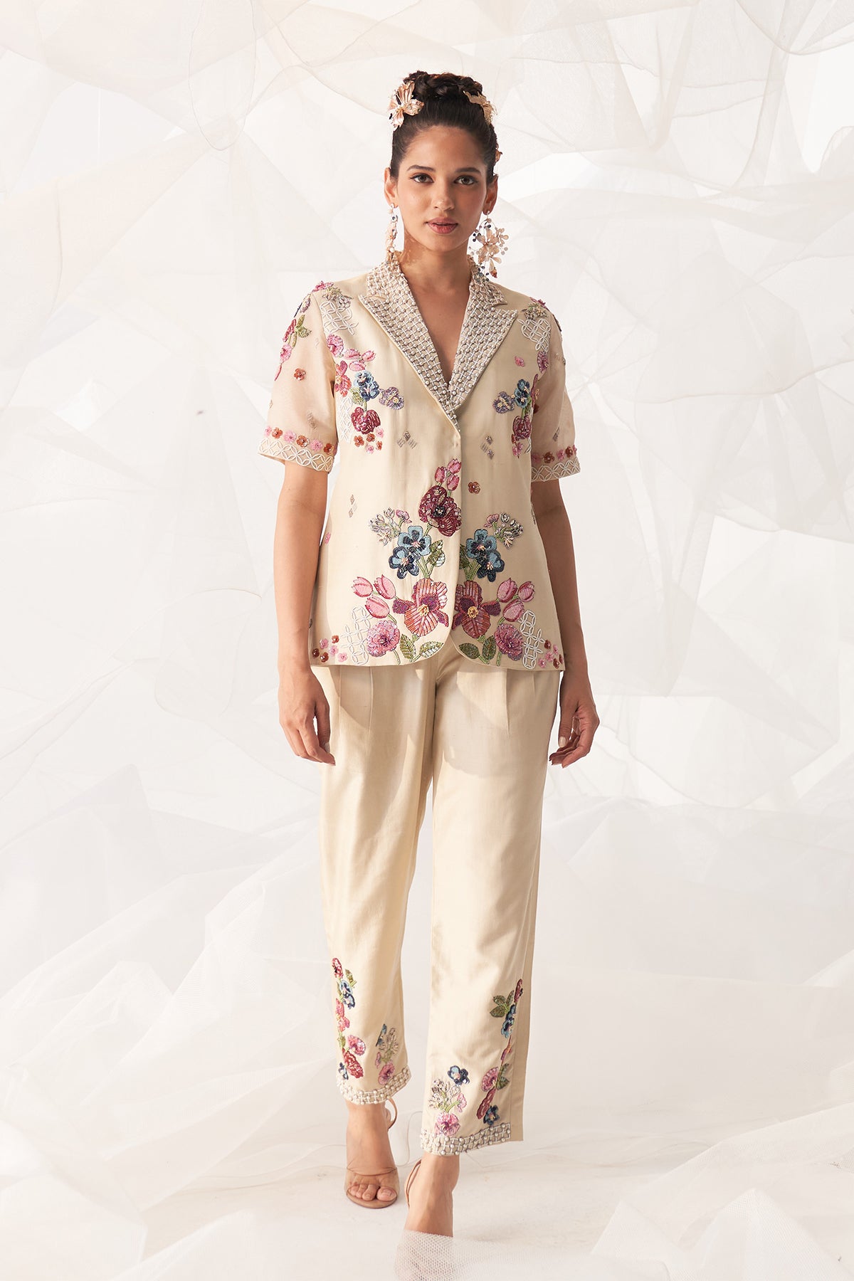 White Jacket Style Co-Ord Set With Hand Embroidered Quilted Yoke
