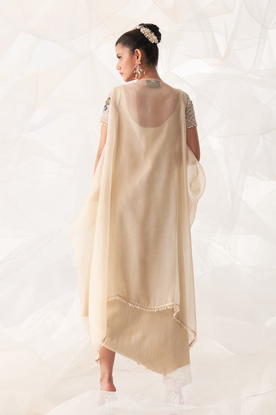 Aster - Ivory Draped Cowl Dress & Cropped Organza Jacket With Pearl Hand-Embroidery on the Collar
