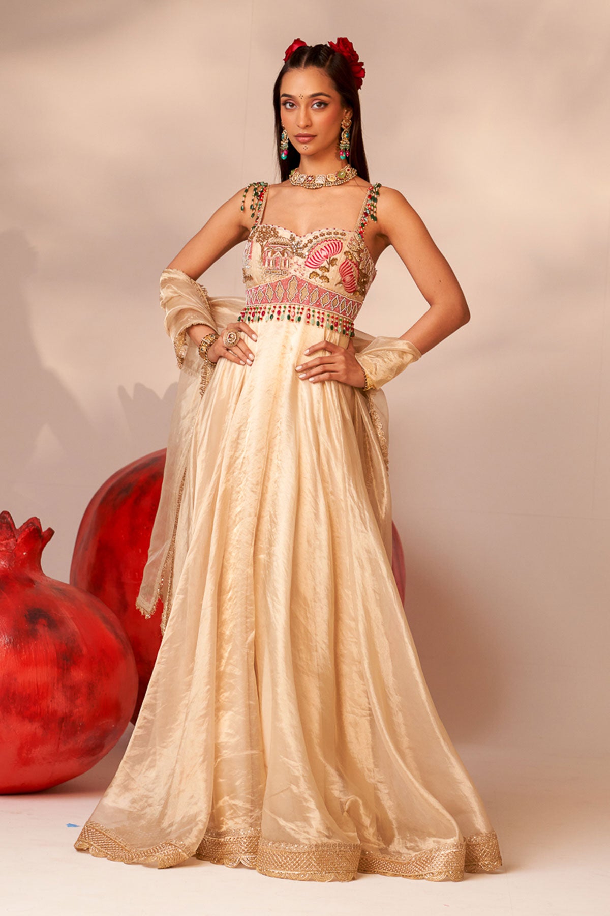 Gold bustier anarkali set