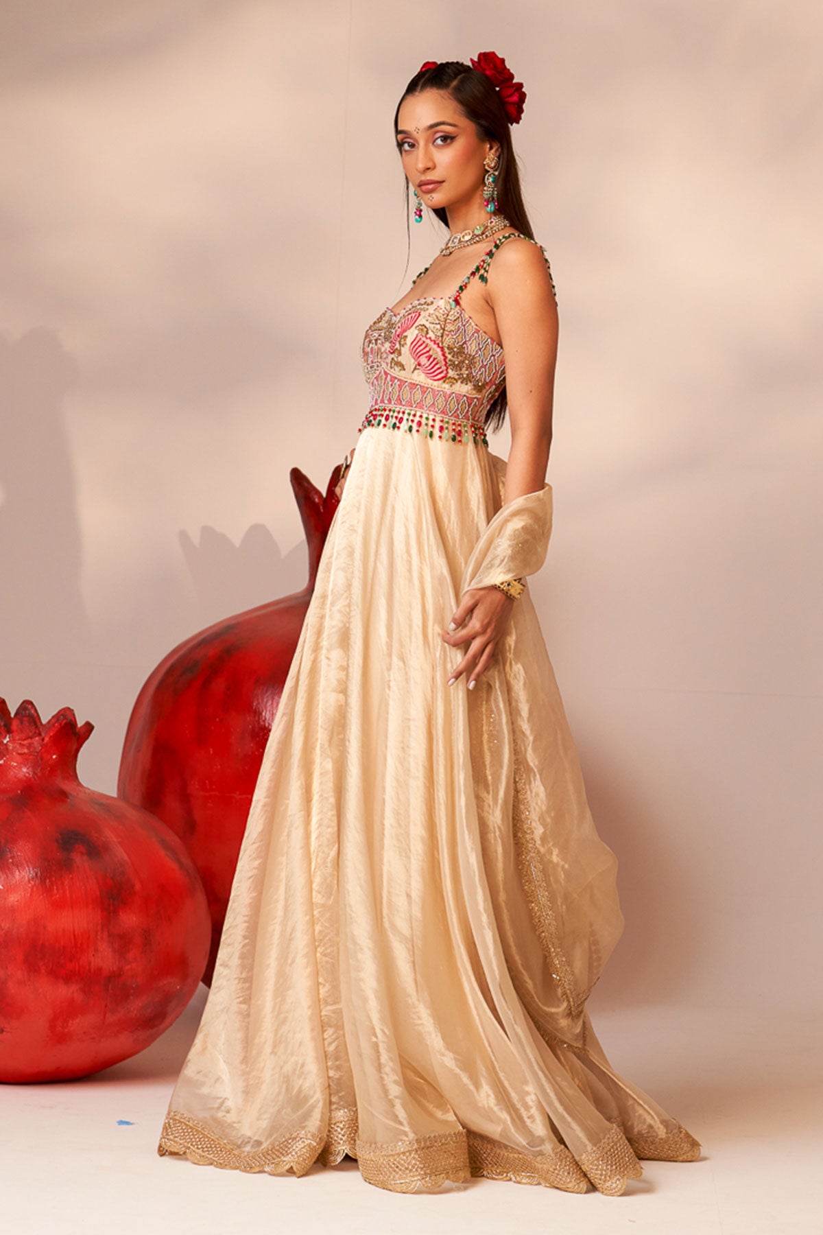 Gold bustier anarkali set