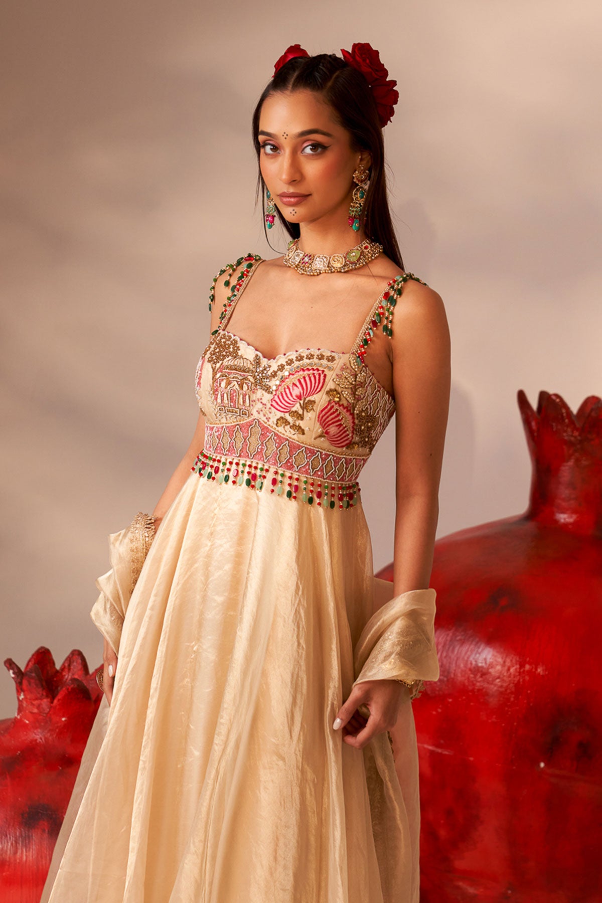 Gold bustier anarkali set
