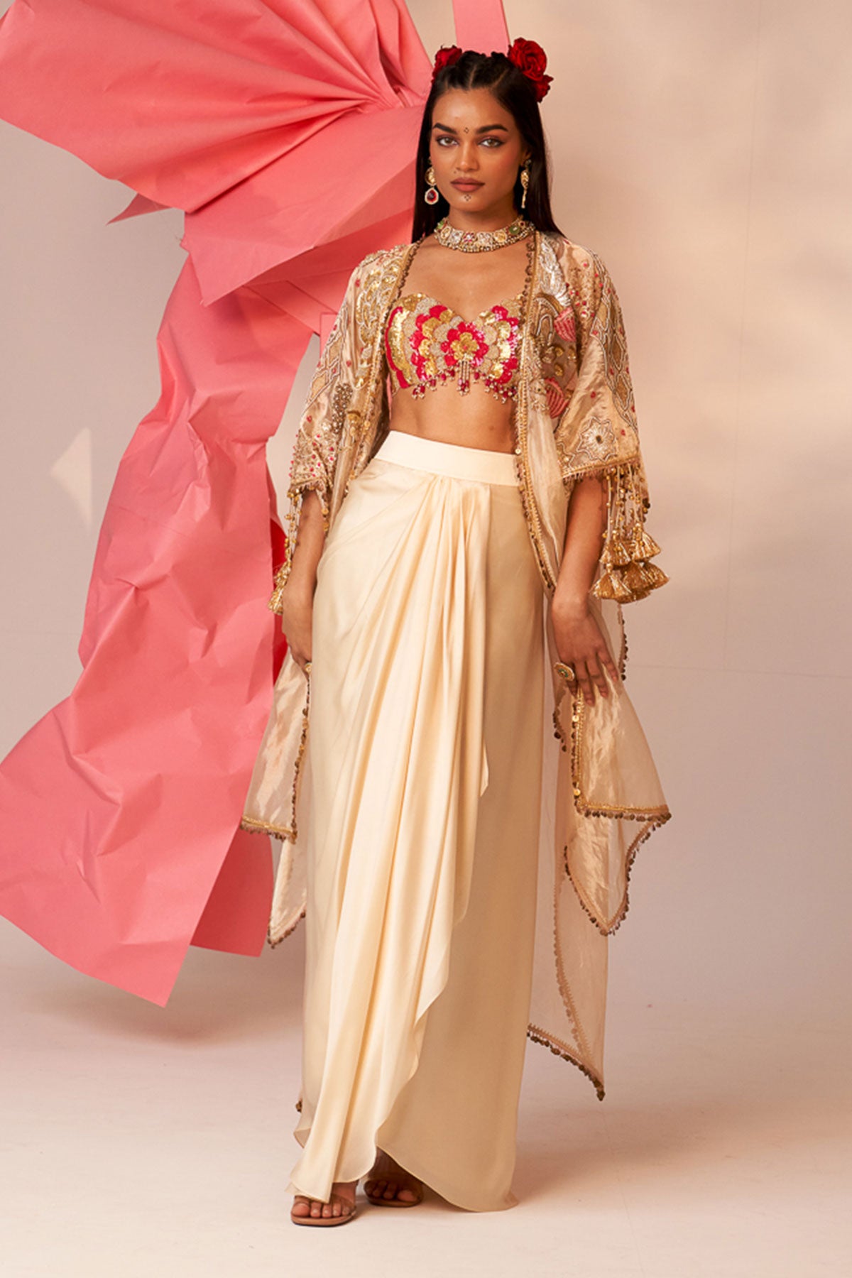 Gold cape drape skirt set