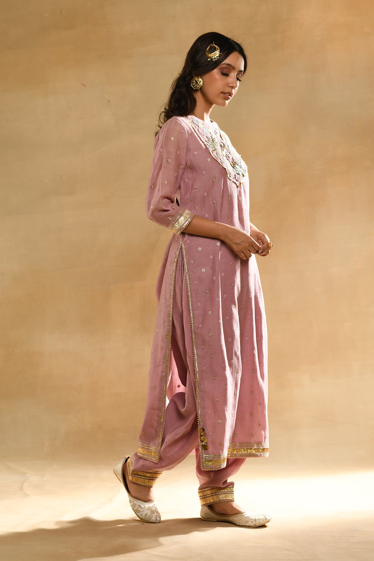 Pink Palm Tree Peacock Embroidered Kurta  Set