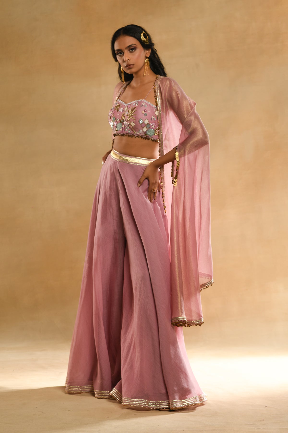 Palm Tree Peacock Embroidered Bustier Pink Cape Set
