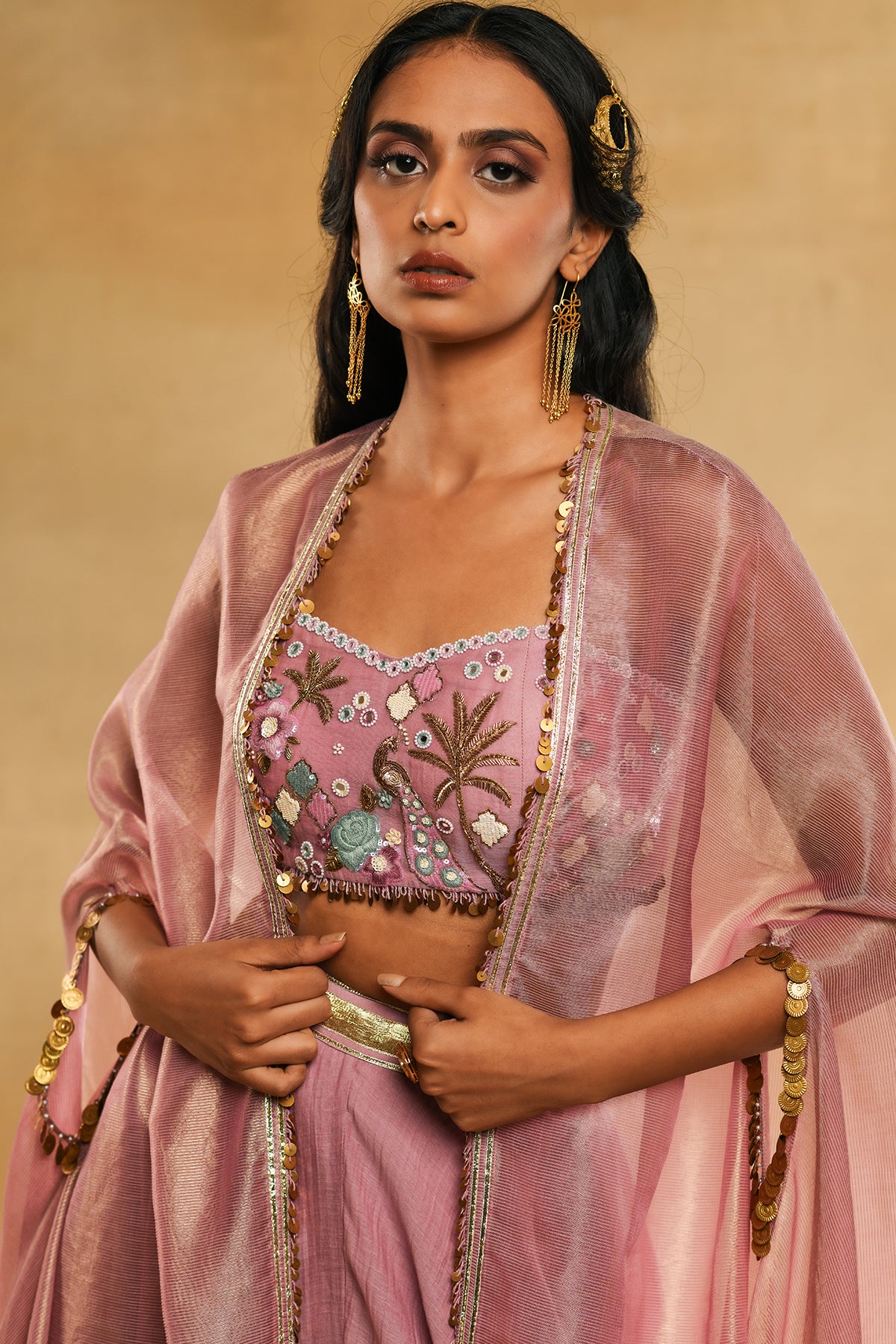 Palm Tree Peacock Embroidered Bustier Pink Cape Set