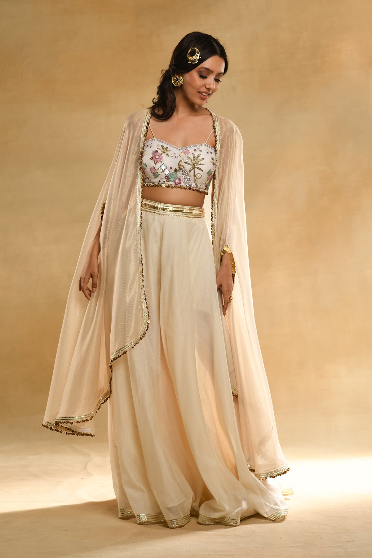 Palm Tree Peacock Embroidered Bustier Ivory Cape Set