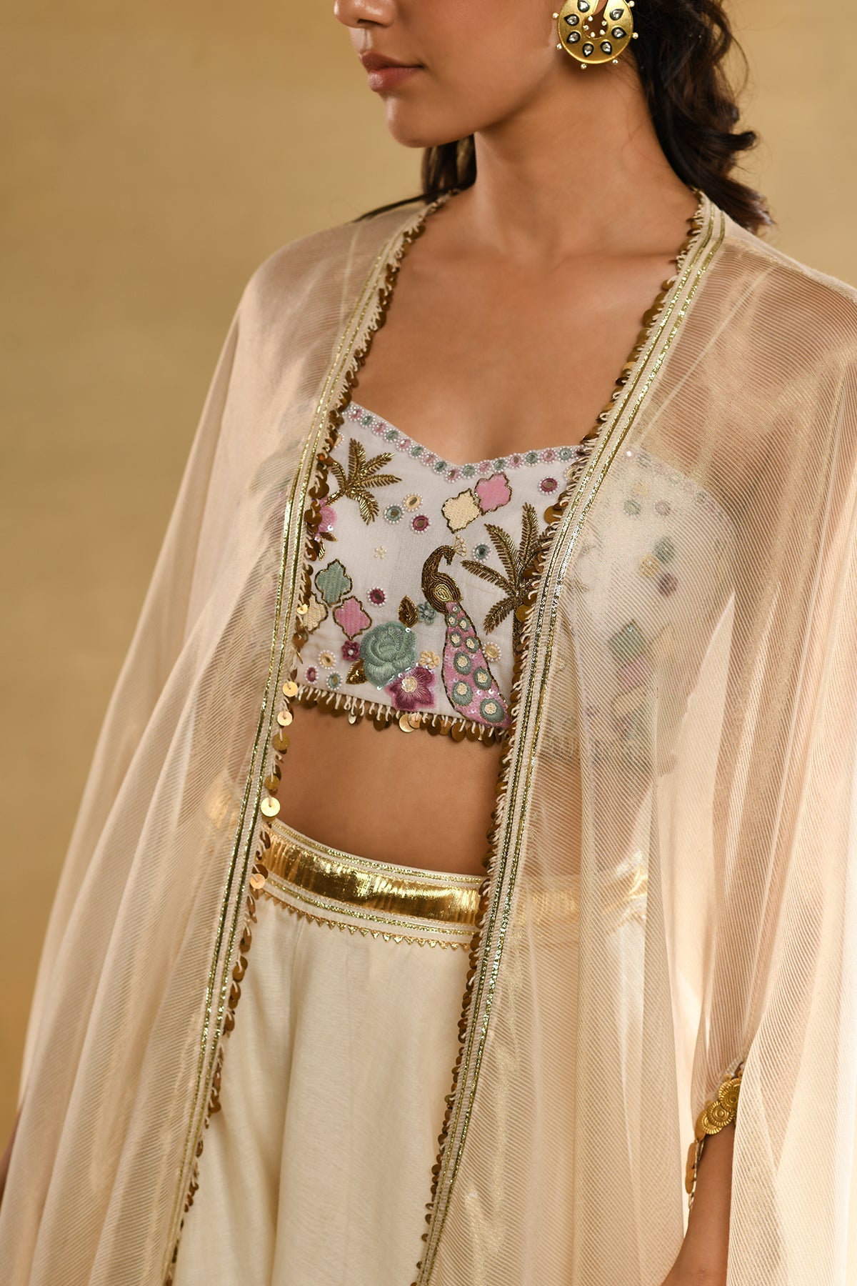 Palm Tree Peacock Embroidered Bustier Ivory Cape Set