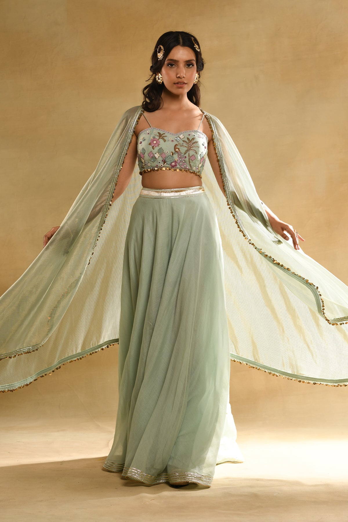 PALM TREE PEACOCK EMBROIDERED BUSTIER TEAL CAPE SET