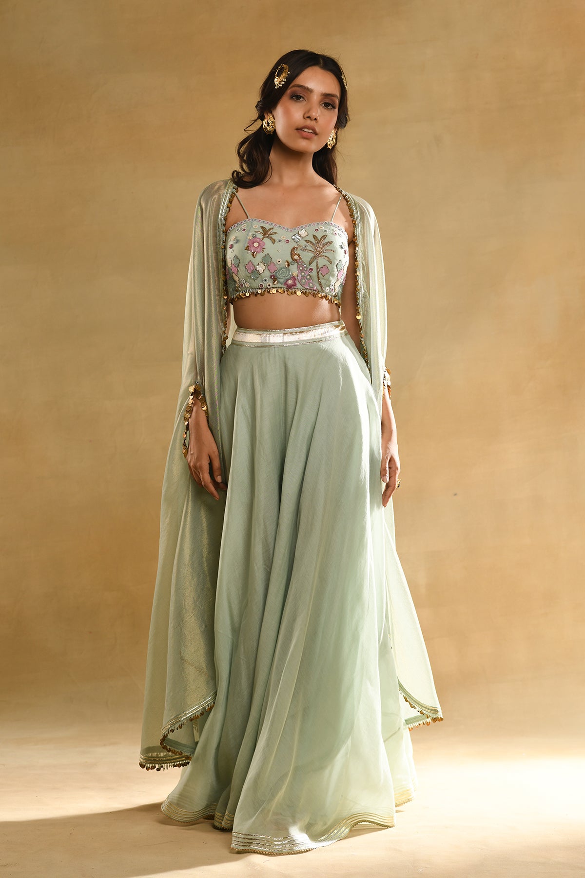 PALM TREE PEACOCK EMBROIDERED BUSTIER TEAL CAPE SET