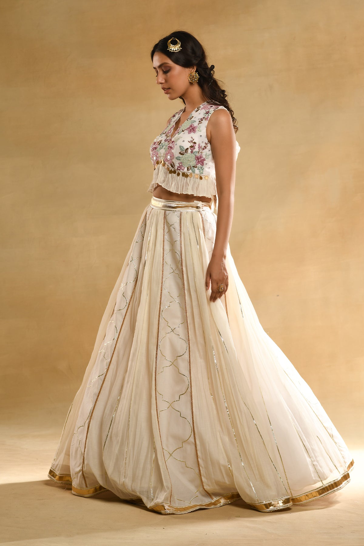 Ivory Floral Embroidered Blouse And Skirt