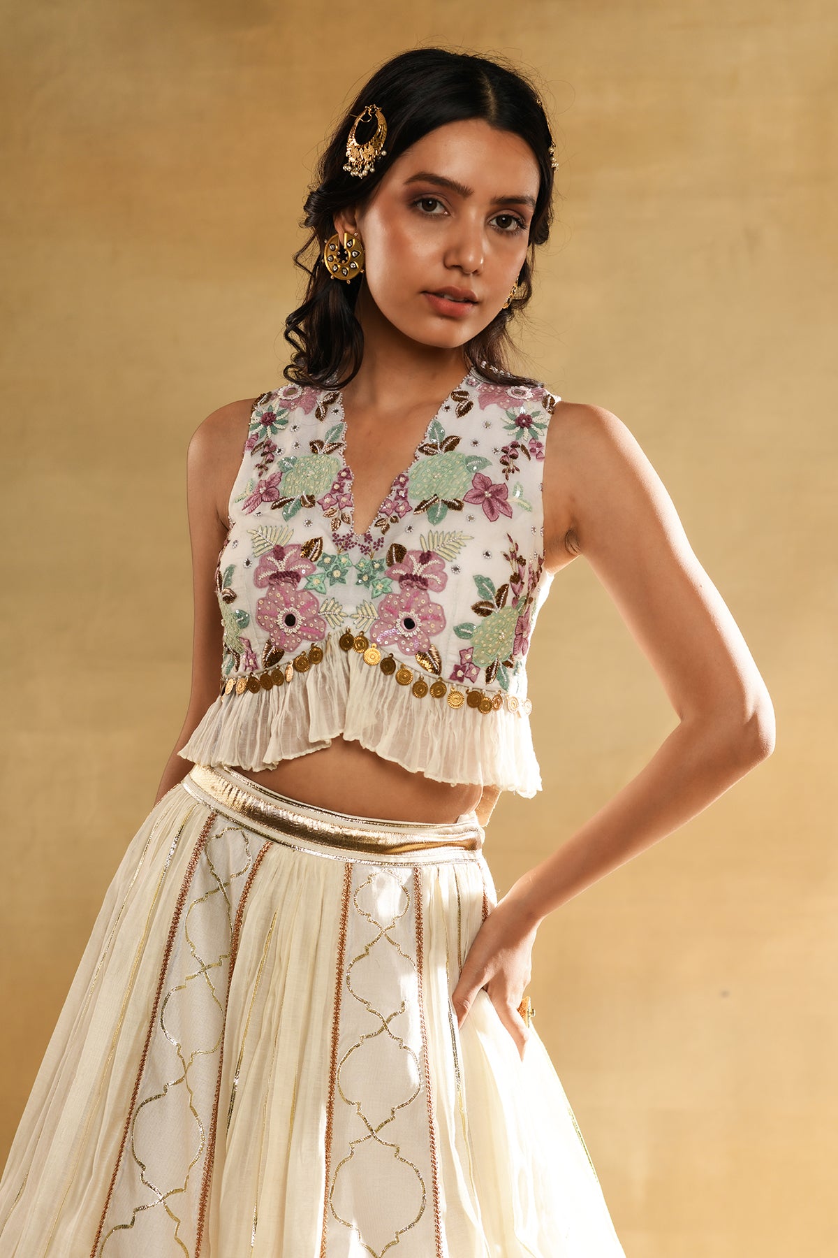 Ivory Floral Embroidered Blouse And Skirt