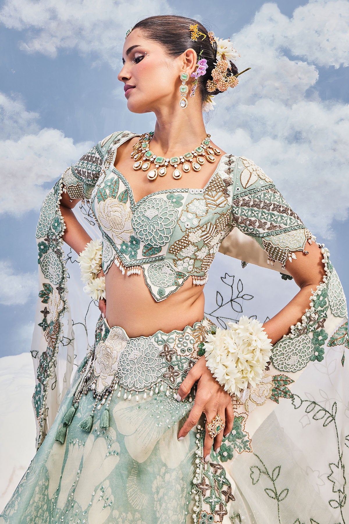 AQUA ORGANZA TRAIL LEHENGA