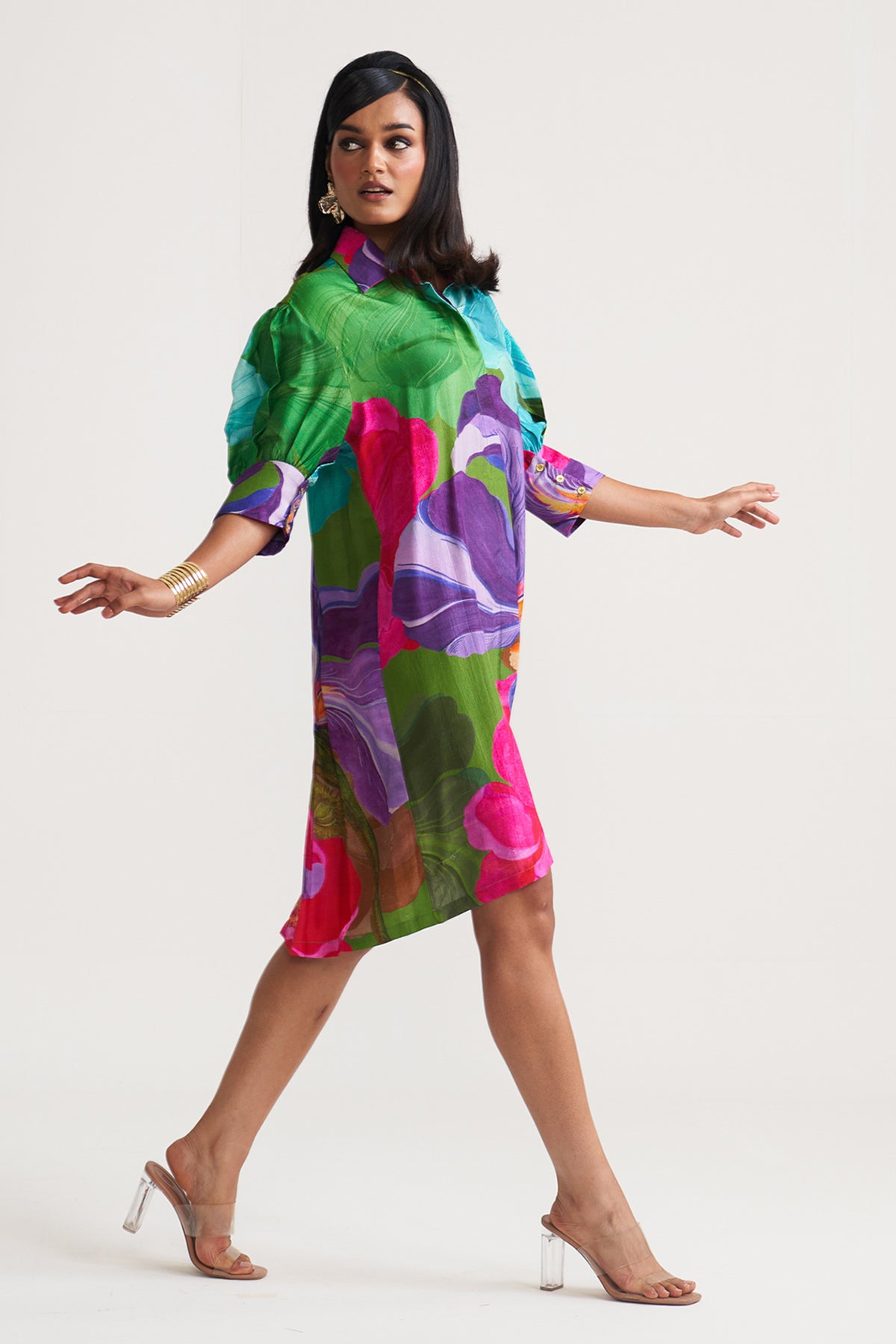 Box yoke pleated dress