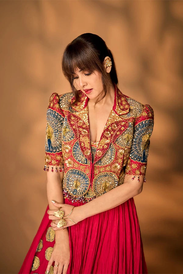 Genelia D'Souza in Mor pankh crop blazer & skirt set