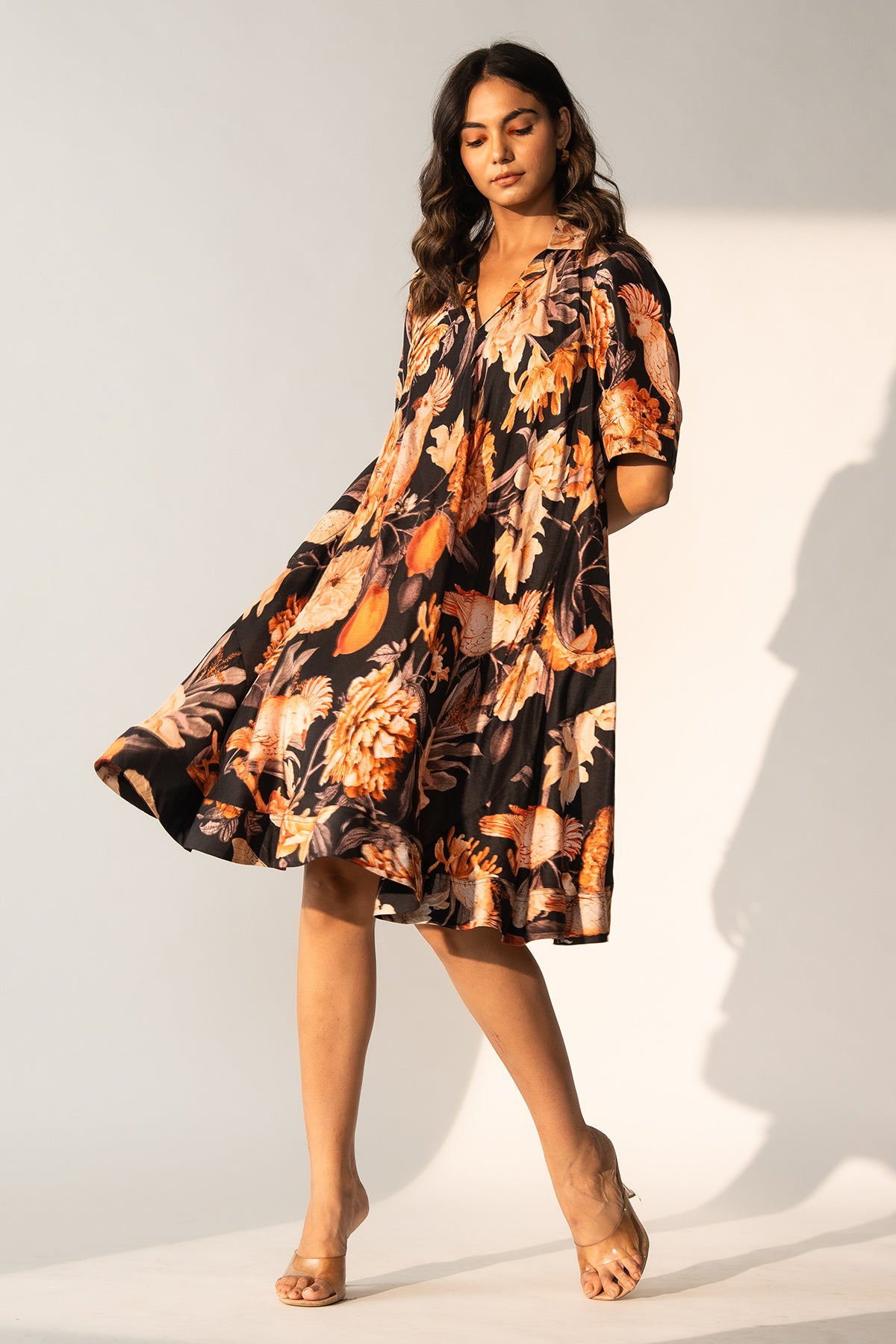 V Neck a Line Dress with Patch Pocket