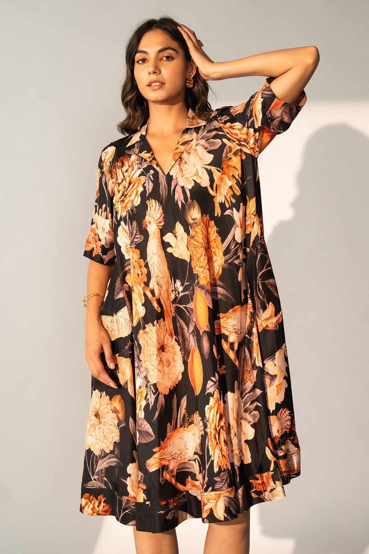 V Neck a Line Dress with Patch Pocket