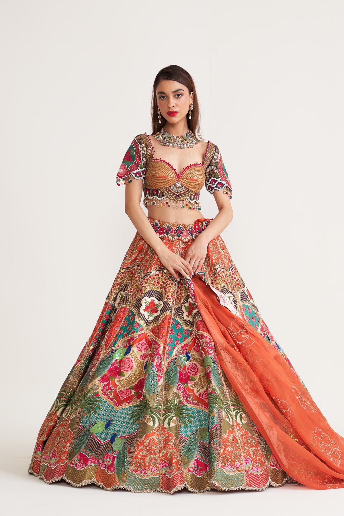 Orange & teal peacock lehenga