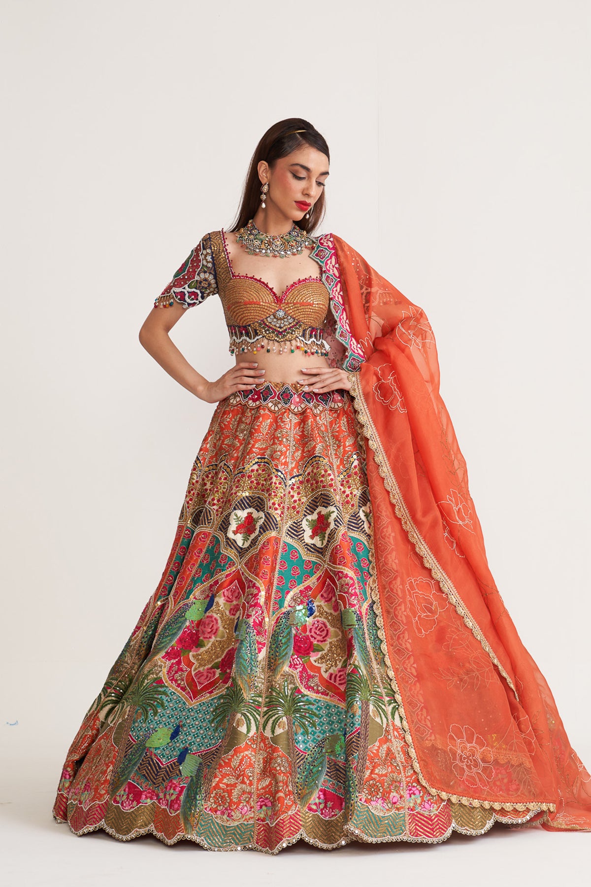 Orange & teal peacock lehenga