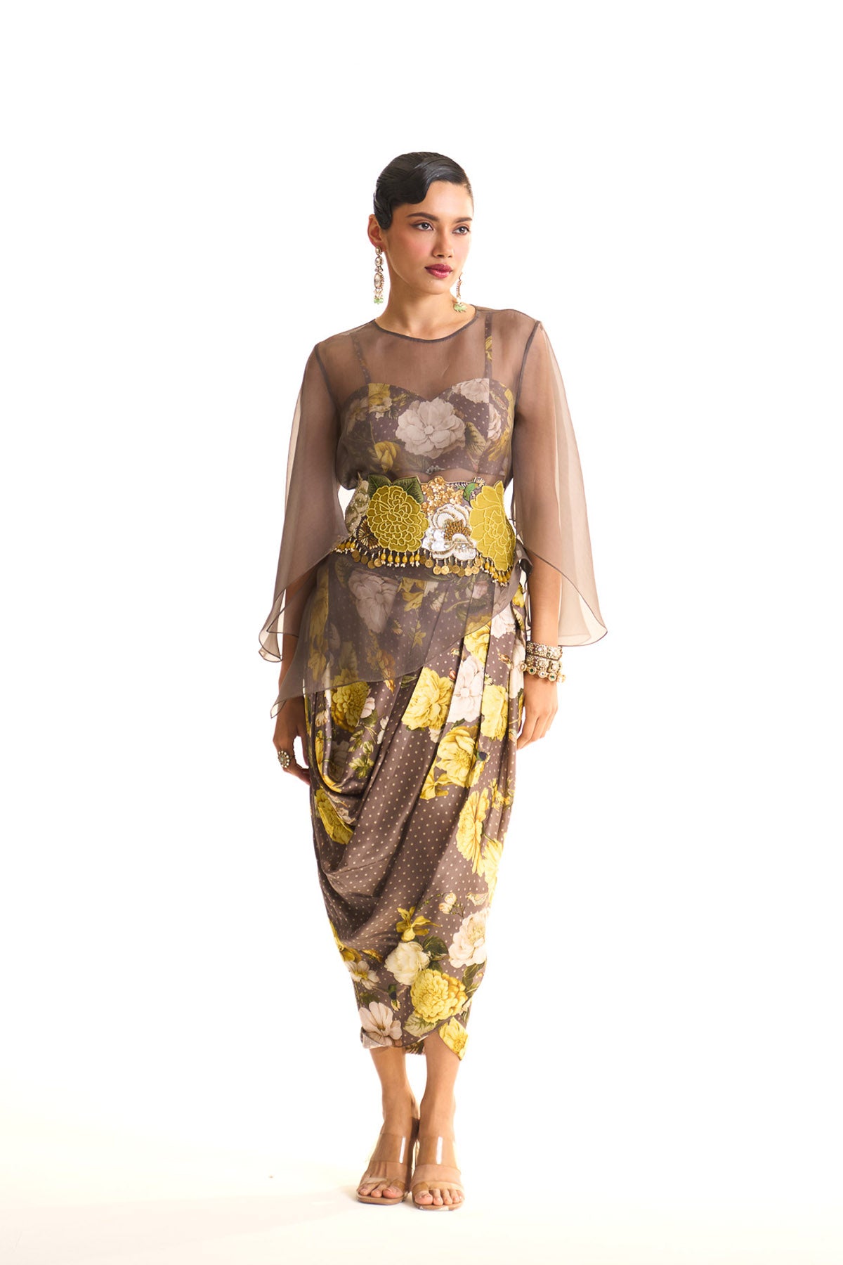 Marigold organza top & drape skirt set