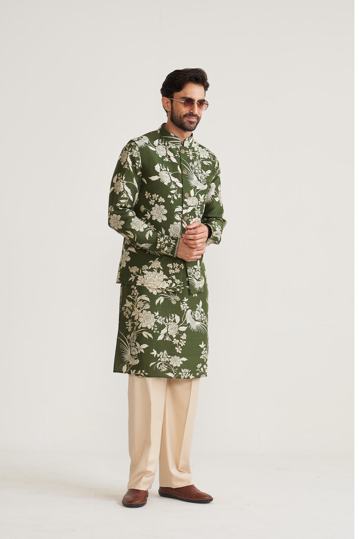 Parsi printed green nehru jacket