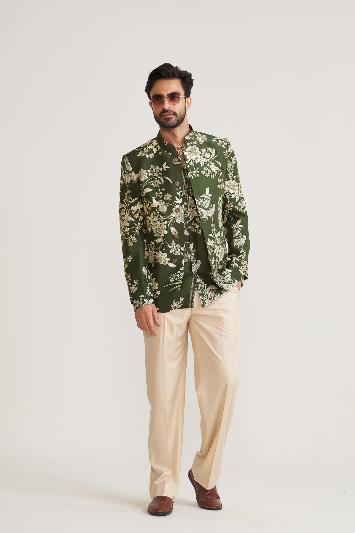 Parsi printed green bandhgala