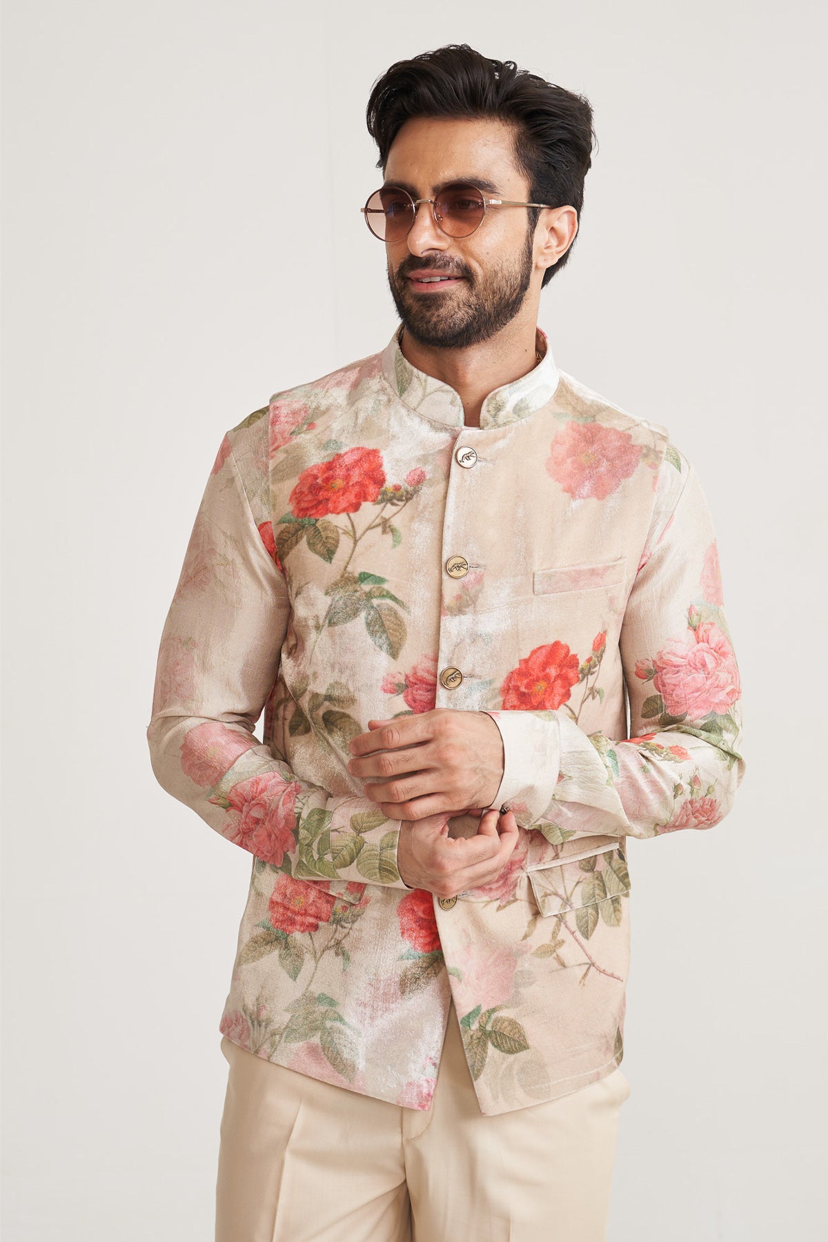 Vintage bloom ivory nehru jacket