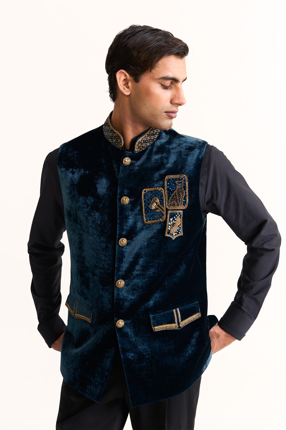 Crayon blue embroidered nehru jacket