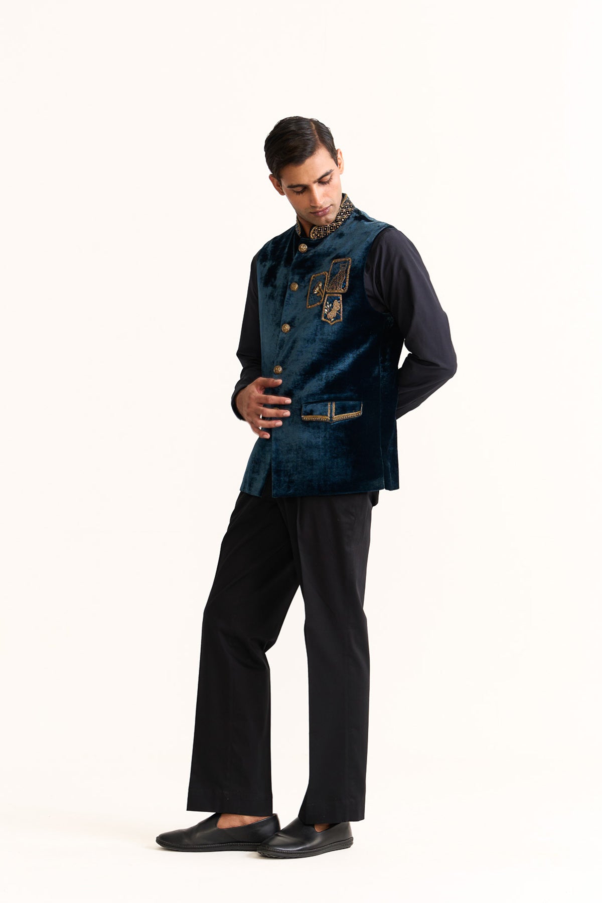 Crayon blue embroidered nehru jacket