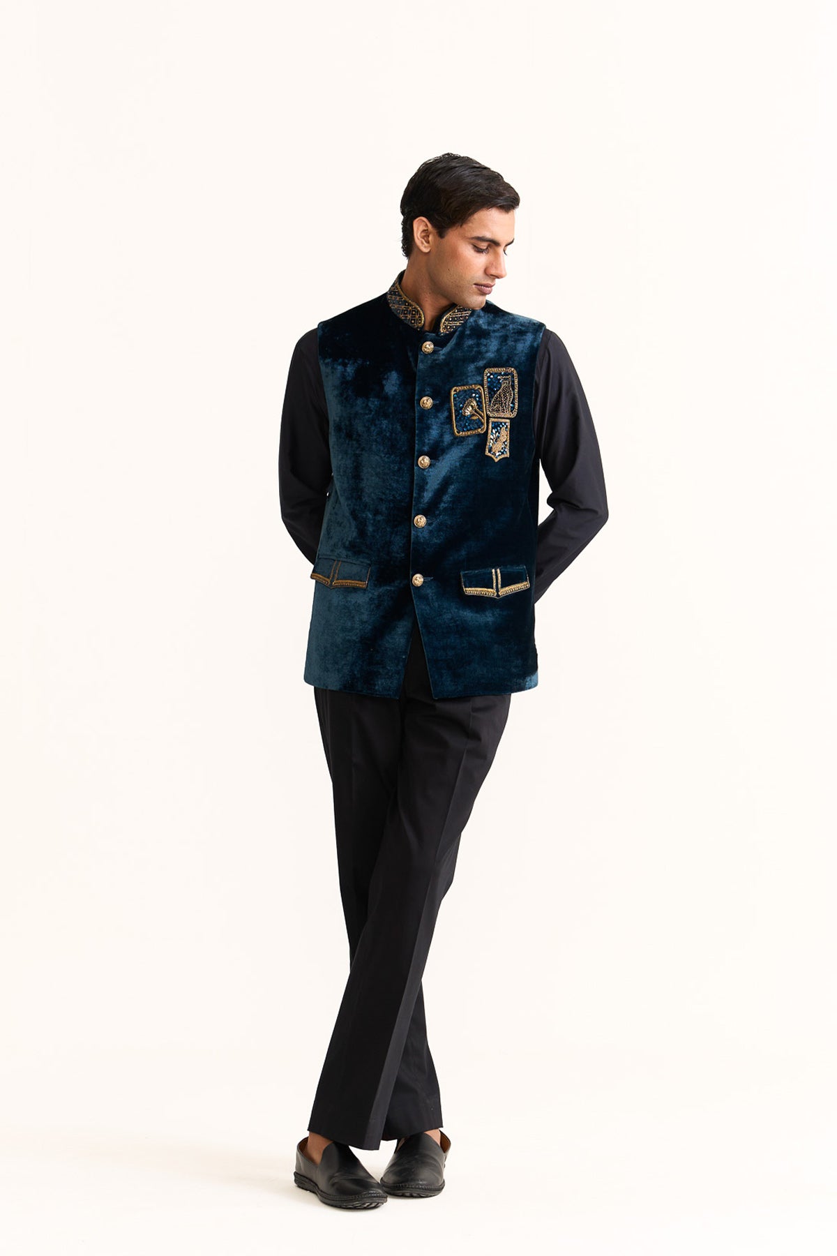 Crayon blue embroidered nehru jacket