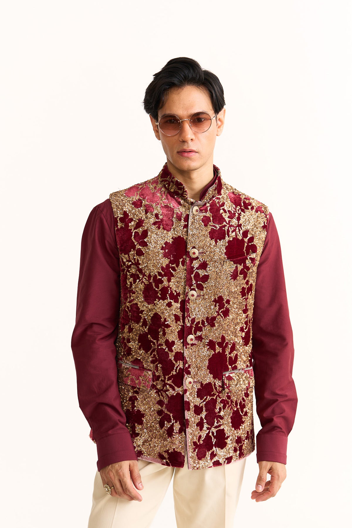 Royal rose Red velvet embroidered nehru jacket