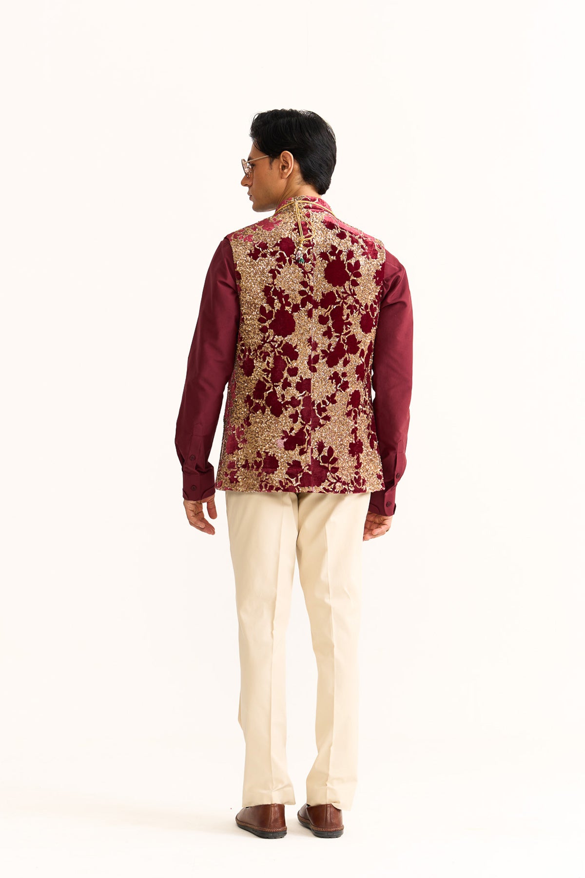 Royal rose Red velvet embroidered nehru jacket