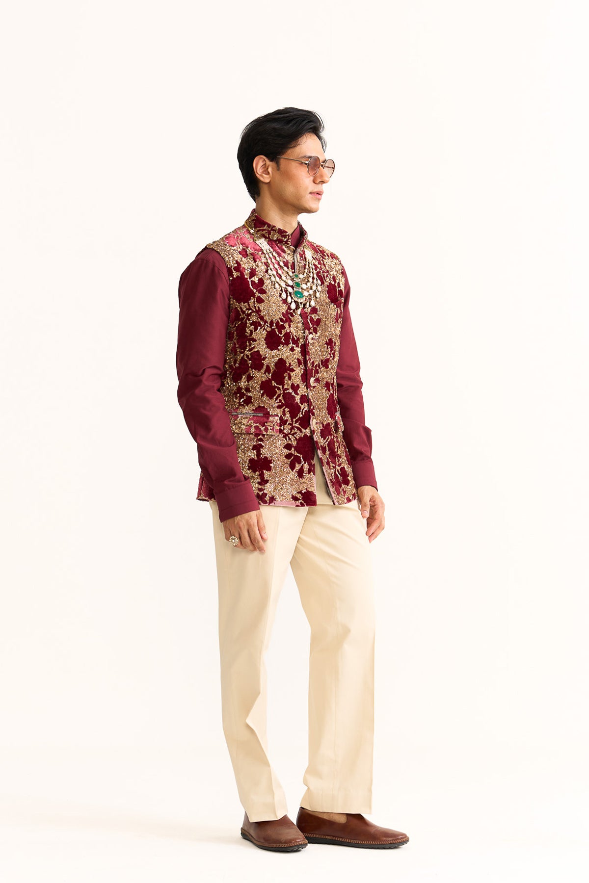 Royal rose Red velvet embroidered nehru jacket
