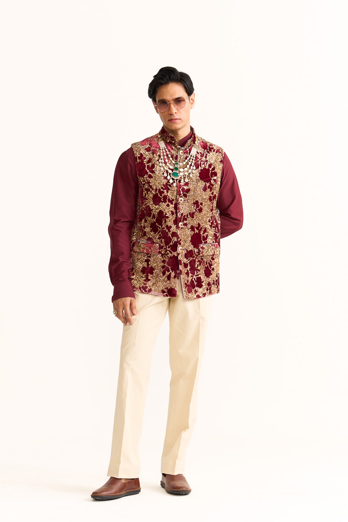Royal rose Red velvet embroidered nehru jacket