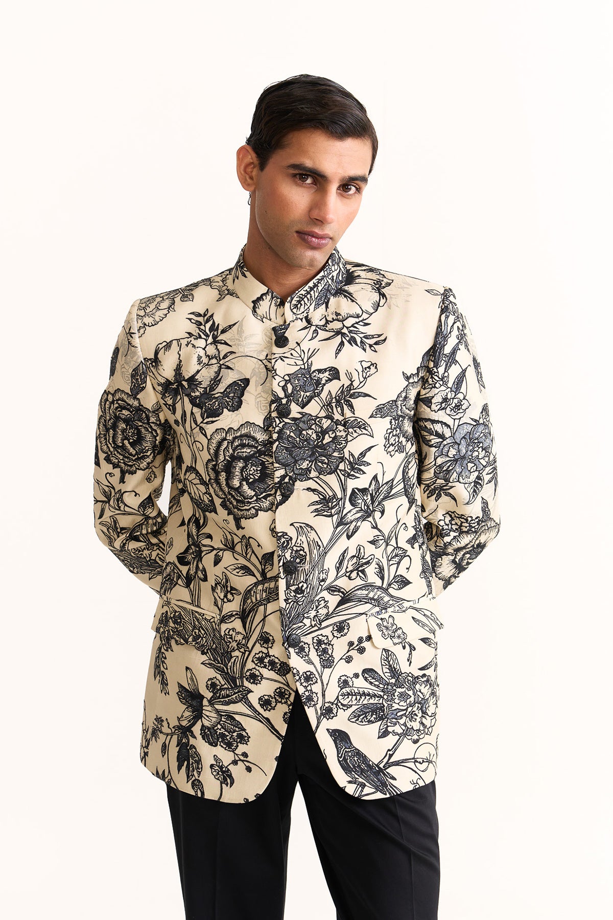 Black & beige embroidered bandhgala