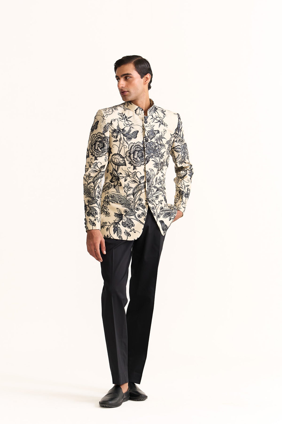 Black & beige embroidered bandhgala