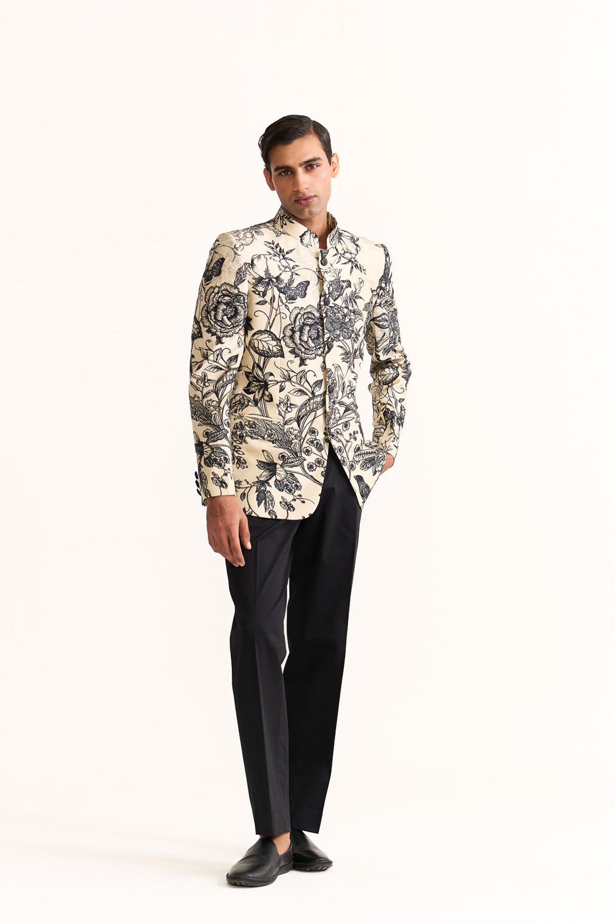 Black & beige embroidered bandhgala