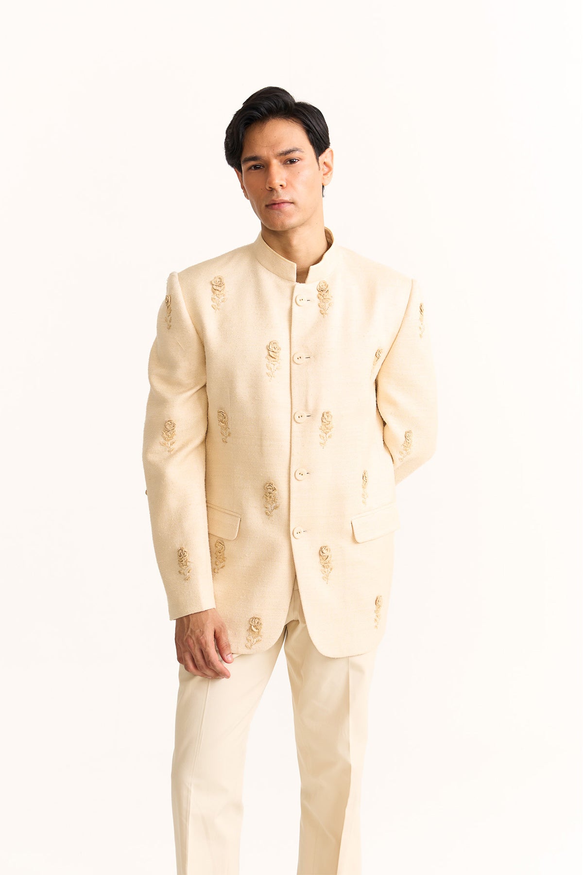 Rose embellished ivory bandhgala
