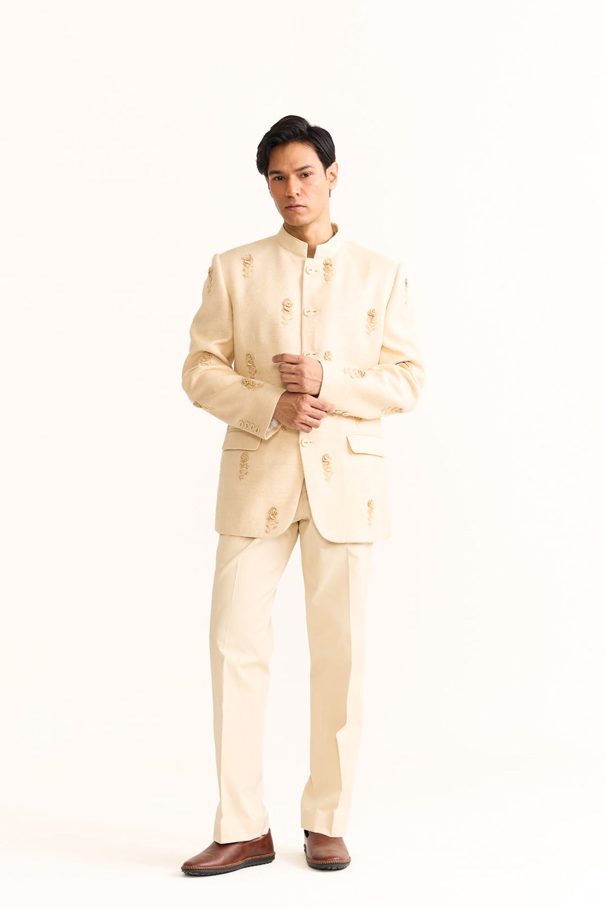 Rose embellished ivory bandhgala