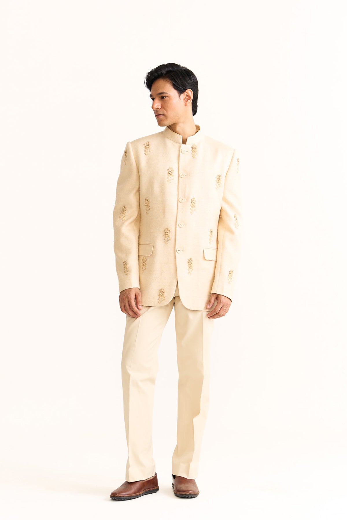 Rose embellished ivory bandhgala