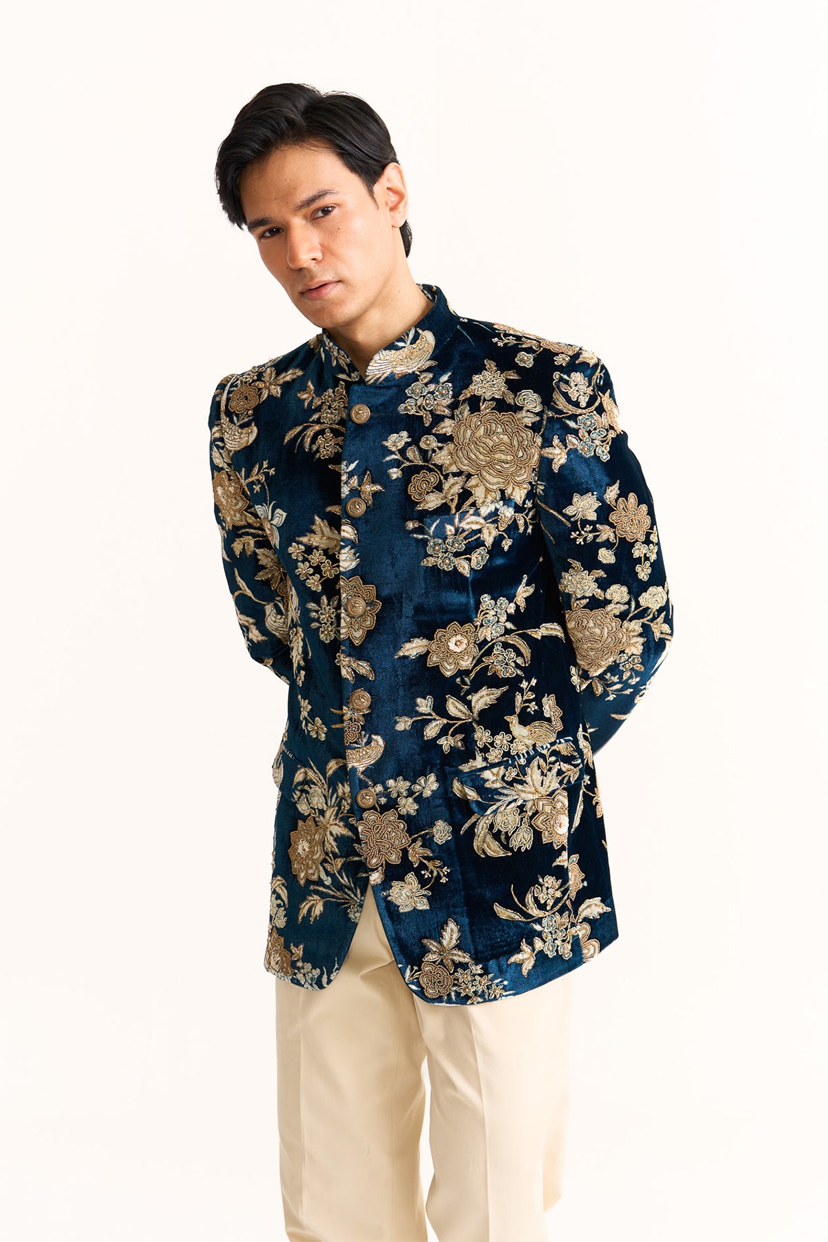 Parsi blue velvet embroidered bandhgala