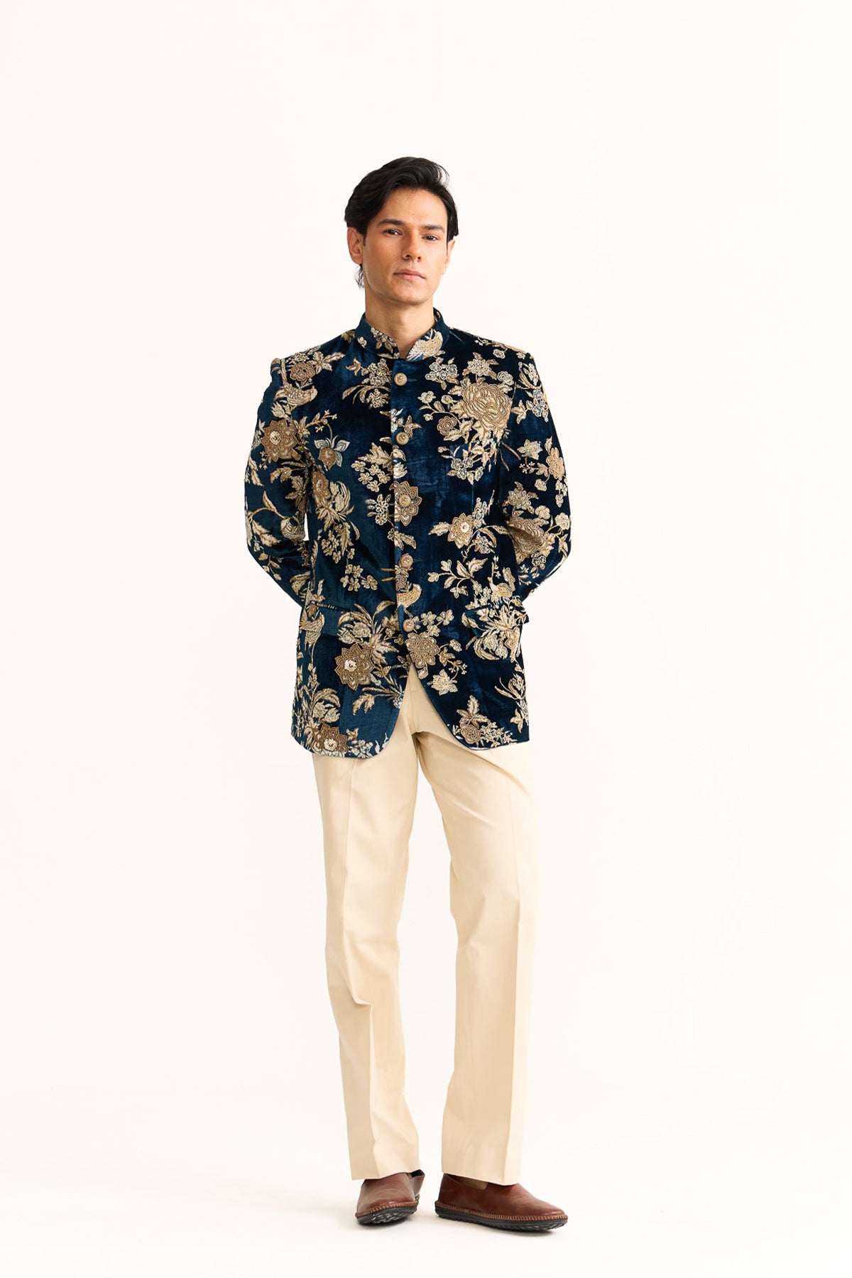 Parsi blue velvet embroidered bandhgala