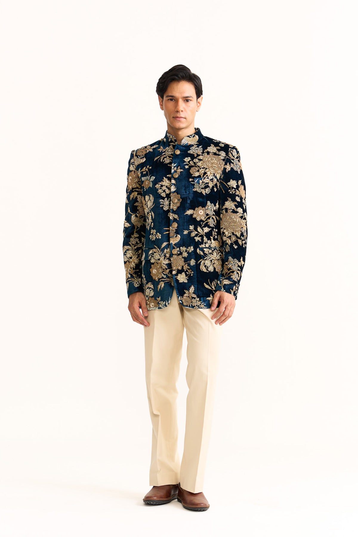 Parsi blue velvet embroidered bandhgala