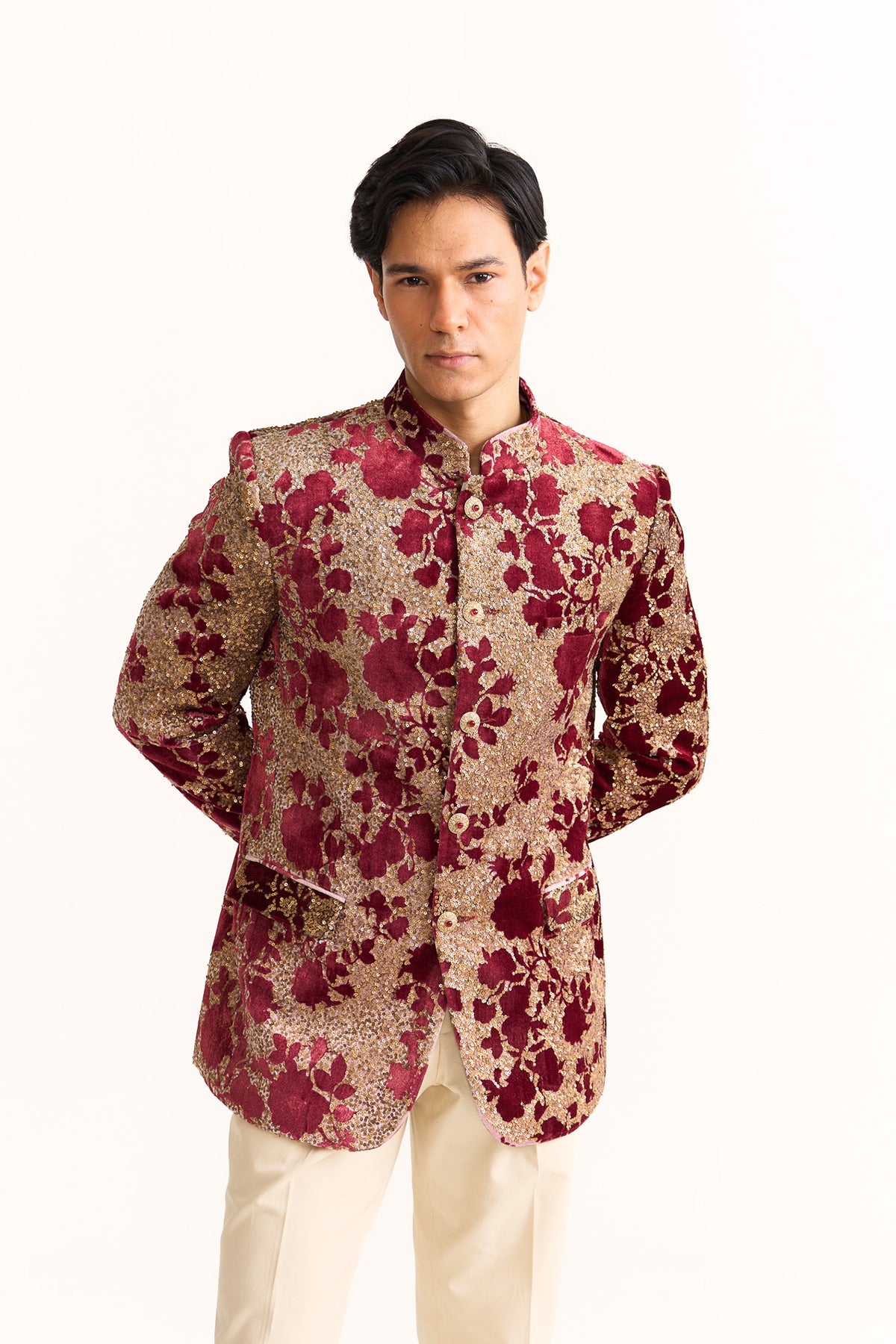 Royal rose Red velvet embellished bandhgala