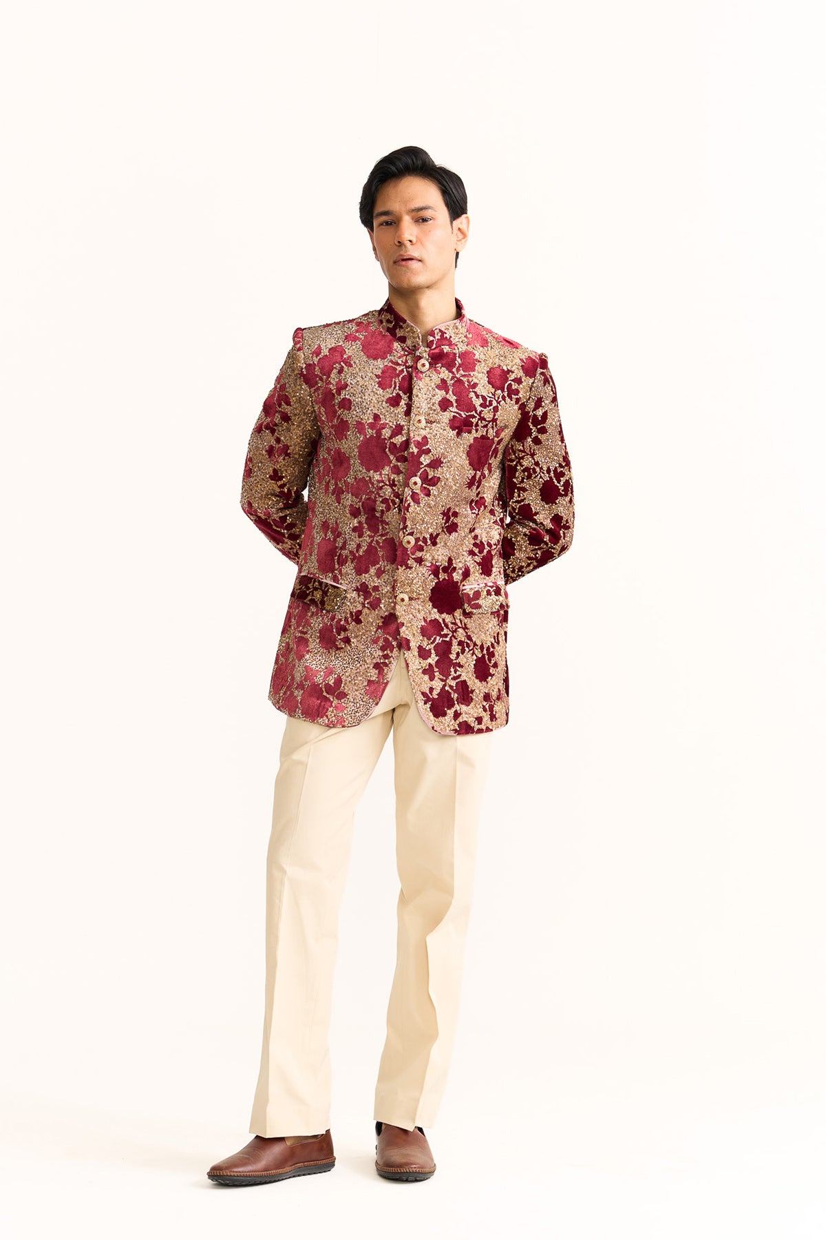 Royal rose Red velvet embellished bandhgala