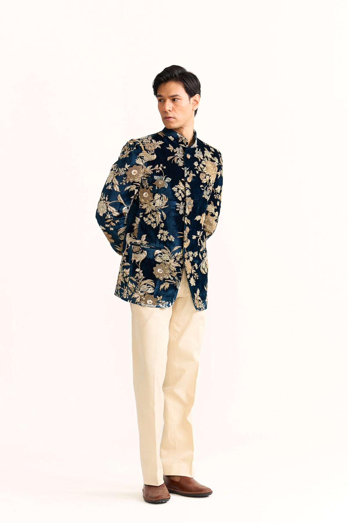 Parsi blue velvet embroidered bandhgala