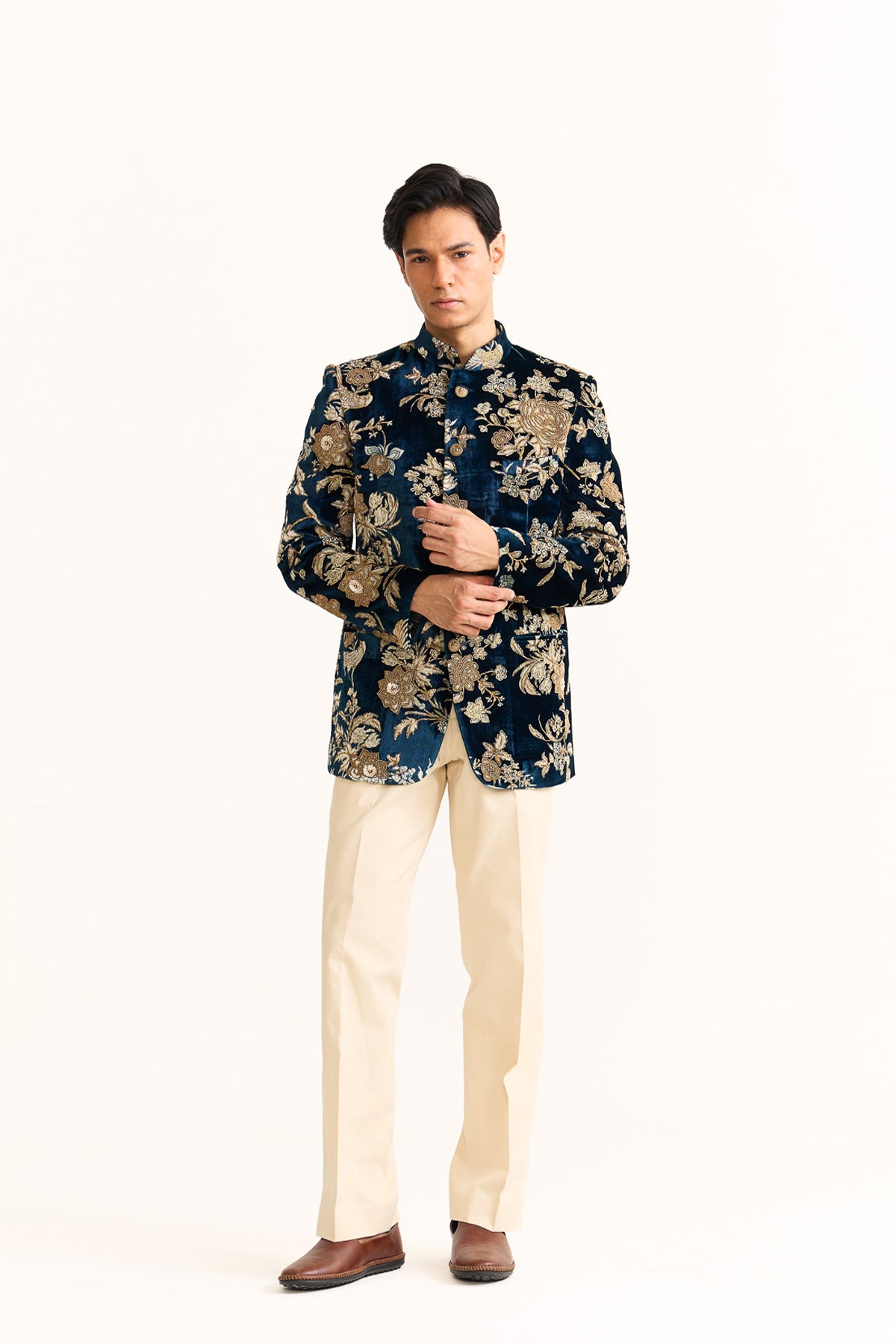Parsi blue velvet embroidered bandhgala