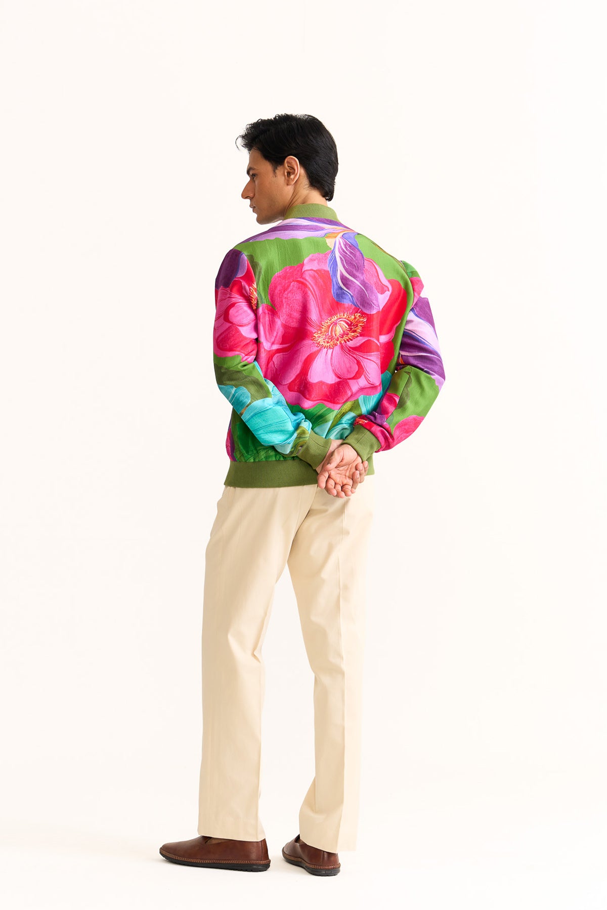 Painted petals printed bomber jacket
