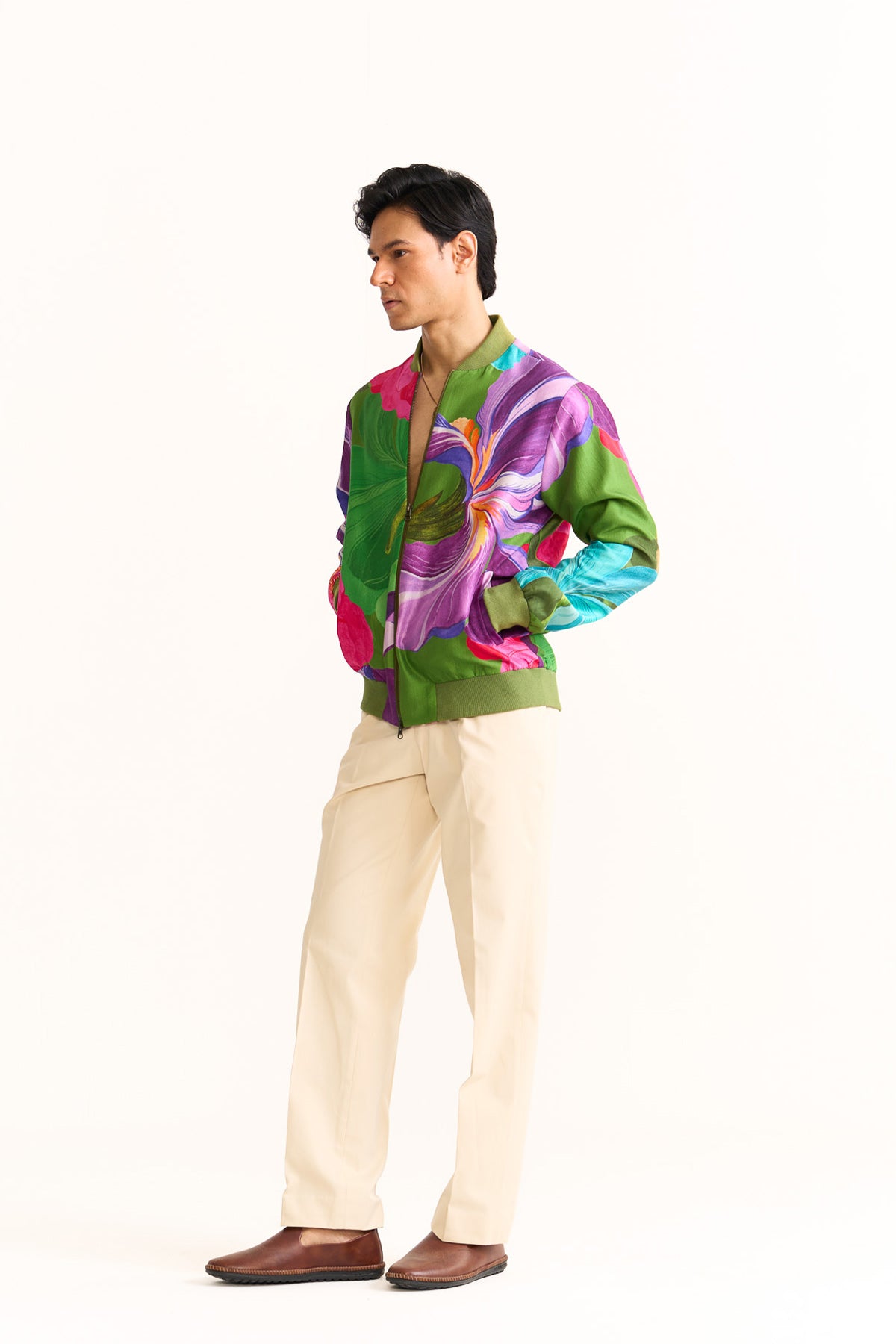Painted petals printed bomber jacket