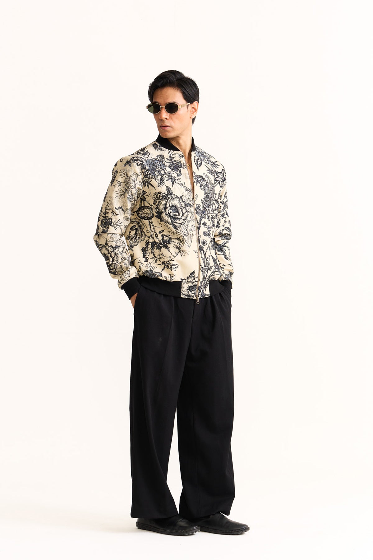 Black & beige embroidered bomber jacket