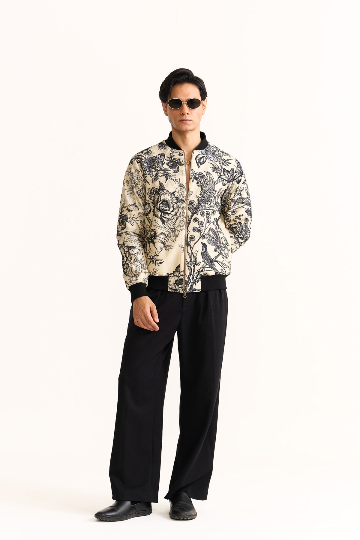 Black & beige embroidered bomber jacket